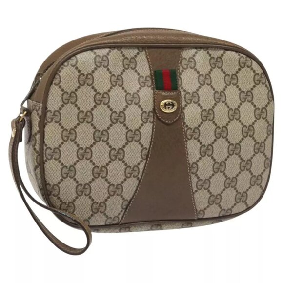 GUCCI GG Supreme Web Sherry Line Clutch Bag PVC Beige Red 89 01 034 Auth 115396 - Picture 1 of 15